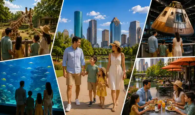 Family enjoying Houston attractions, including parks, the zoo, museums, Space Center Houston, and family-friendly dining.